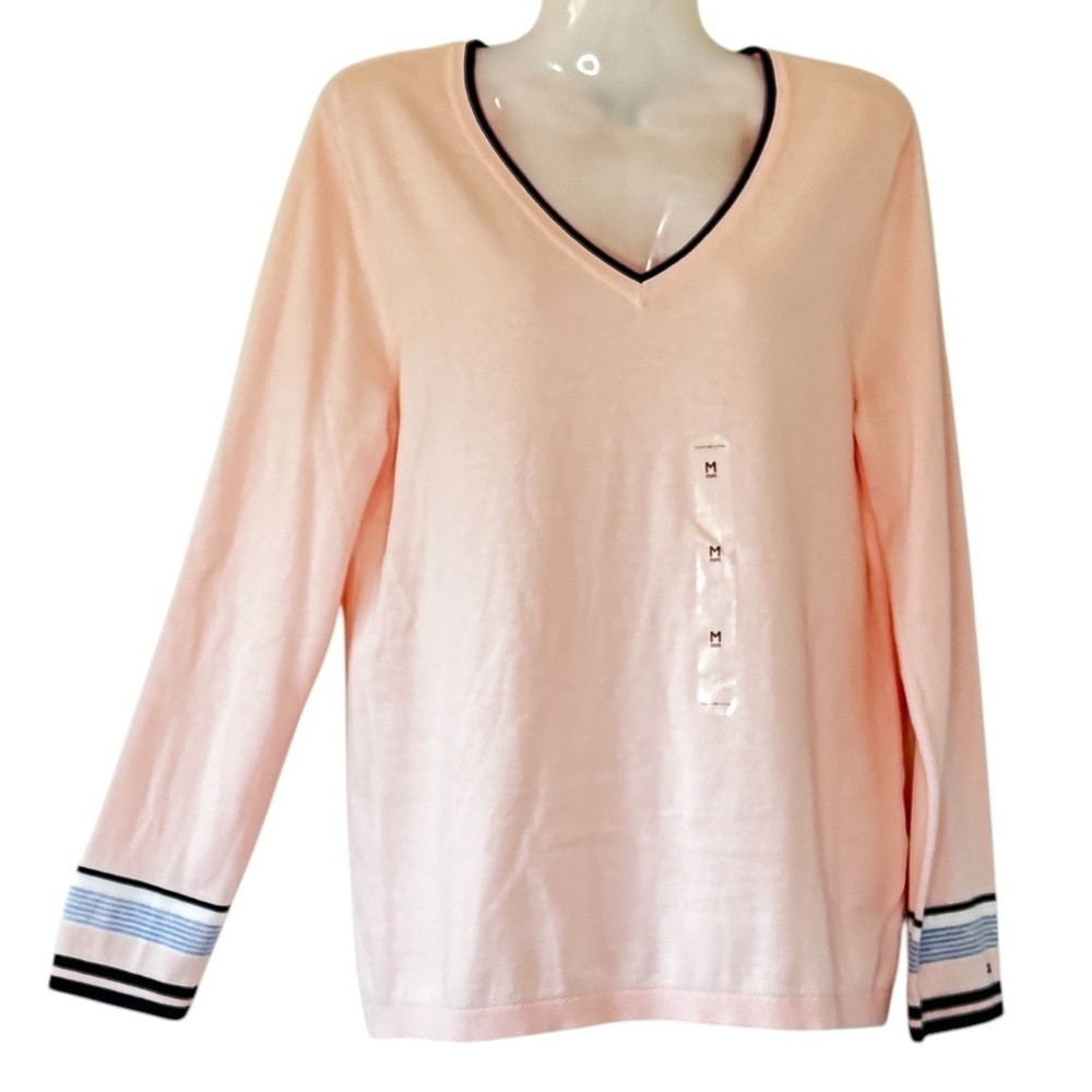 Tommy Hilfiger NEW Pink V-Neck Sweater Blue Trim Tennis Classic Women’s Size Med - Picture 2 of 10